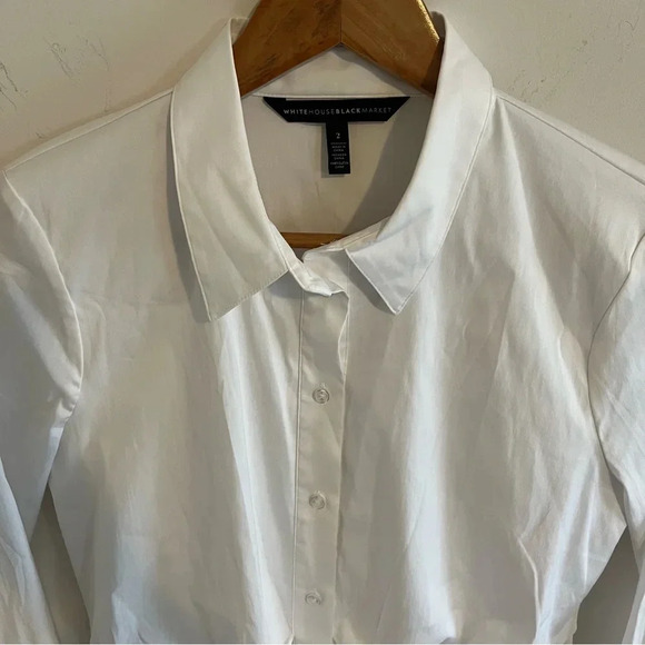 WHBM Women’s Poplin Long Sleeve Button Up Top sz 2 With Tie Crisp Tailored Shirt - Picture 5 of 13